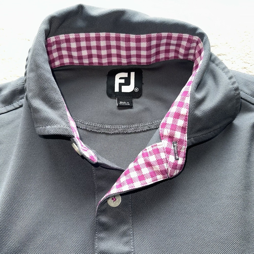 FootJoy FJ Mens Large Gray Long Sleeve Golf Polo Pink Gingham Trim 22759 - Picture 3 of 10